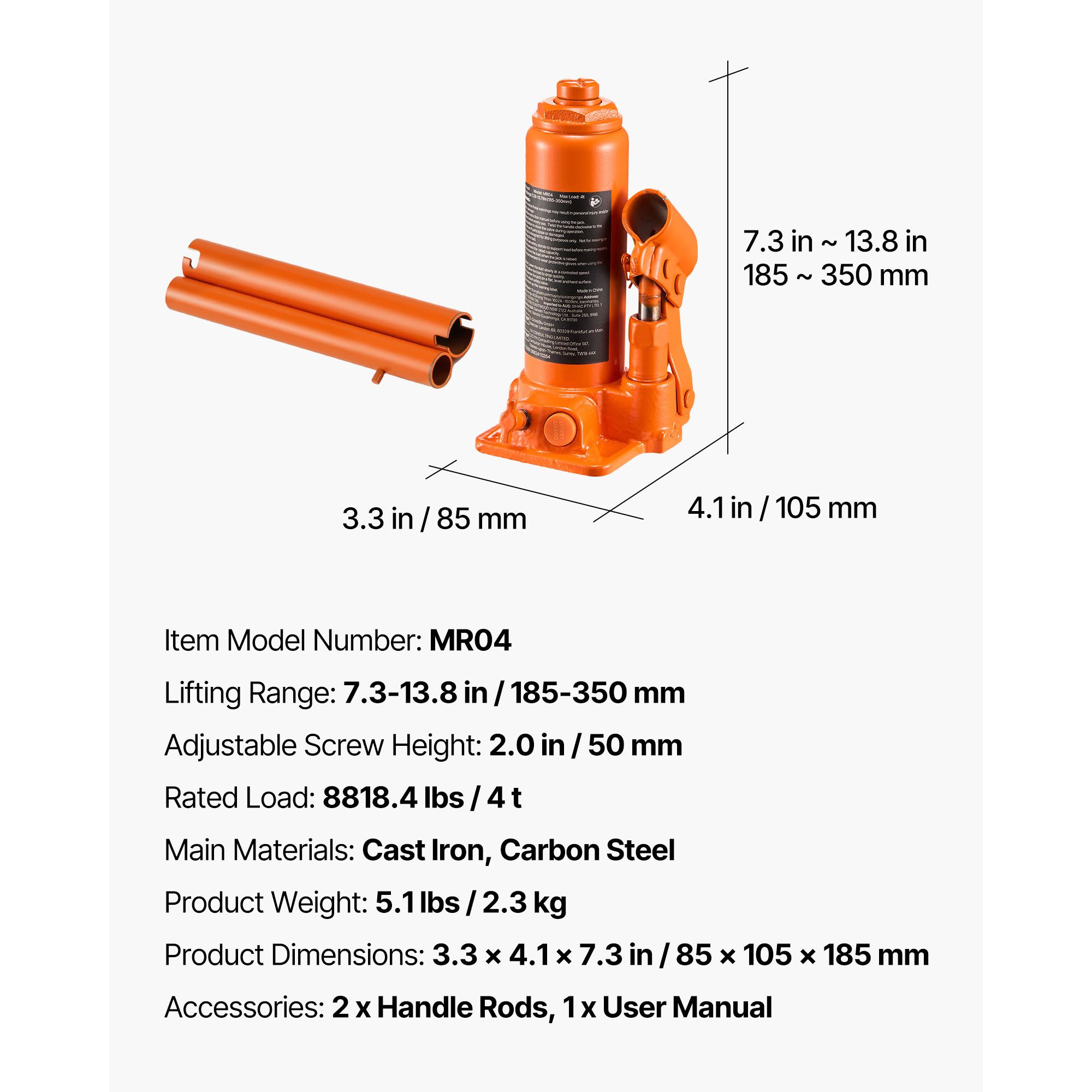 Welding Heavy Equipment - 油圧式ボトルジャッキ、4トン（8818.4ポンド）容量、7.3～13.8インチの昇降範囲、車、SUV、ピックアップトラック、自動車修理、住宅リフト、農業機械用の頑丈な溶接ボトルジャッキ、オレンジ色