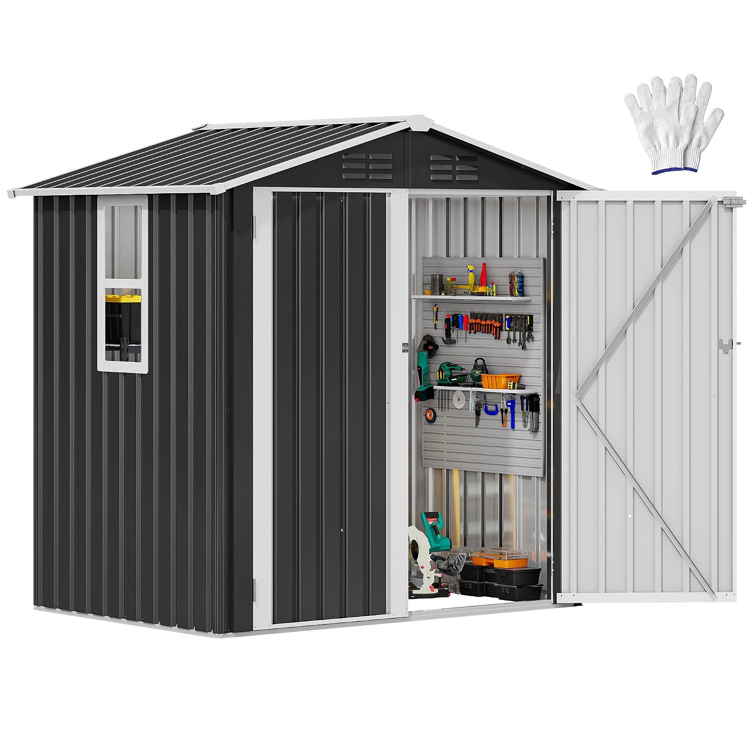Heavy Equipment Unit - 金属製の屋外収納用パティオ収納ユニット。頑丈な構造で、窓には換気口、ドアには鍵が付いています。工具や備品、ゴミ箱などを収納可能。サイズは6フィート×4フィート。カスタマイズも可能です。
