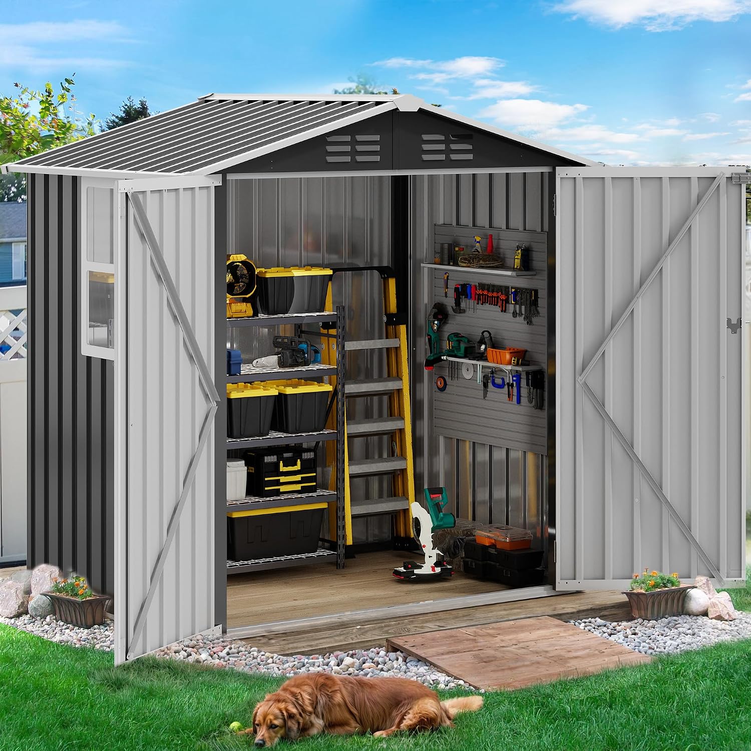 金属製の屋外収納用パティオ収納ユニット。頑丈な構造で、窓には - Heavy Equipment Unit のレビューと価格